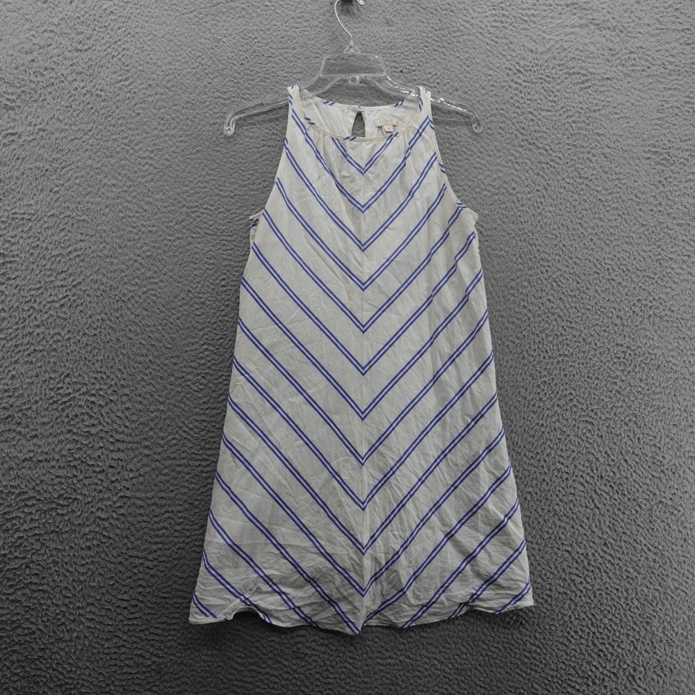 J Crew Linen Blend Sleeveless Sheath Dress 00 White Blue‎ Chevron Womens Coastal